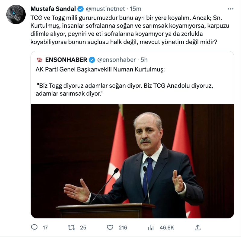 mustafa sandal dan numan kurtulmus a sogan sarimsak yaniti